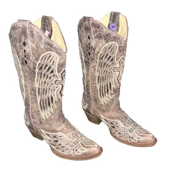 CORRAL WOMEN BROWN GLITTER INLAY CROSS AND WING EMBROIDER LEATHER COWBOY BOOT 8 - Picture 1 of 11
